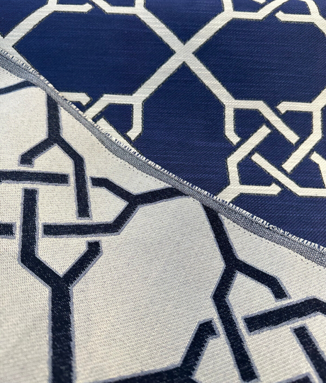 Bridle Navy Blue Geometric Jacquard Upholstery Fabric - Navy With Beige Design, 56" Width, 14" Repeat (1 Yard)