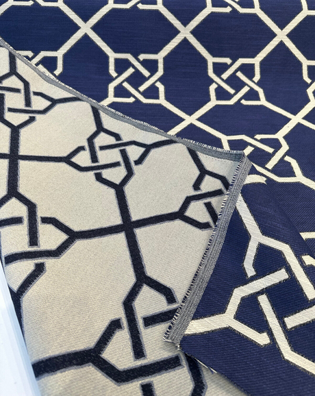 Bridle Navy Blue Geometric Jacquard Upholstery Fabric - Navy With Beige Design, 56" Width, 14" Repeat (1 Yard)