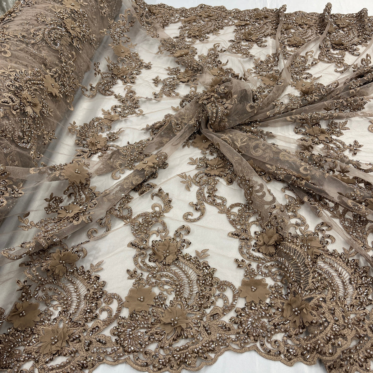 1 Yard 3D Beaded Floral Lace Fabric Embroidered on 100% Polyester Net Mesh 52" Wide