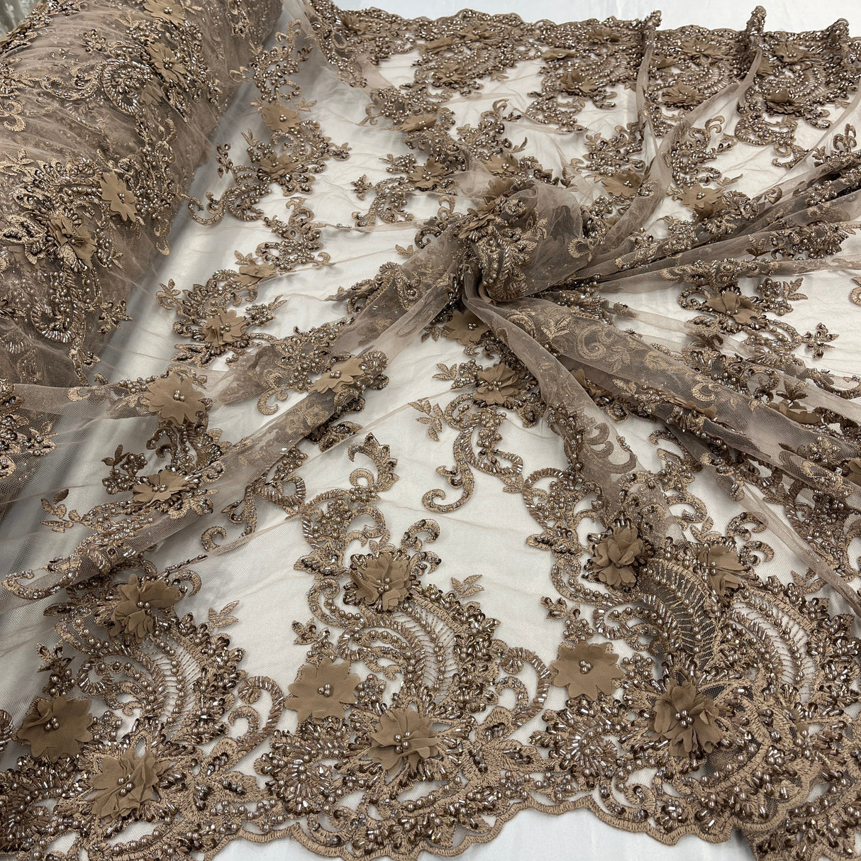 Beaded Floral Lace Fabric 3D Embroidered Net Mesh 52" Wide