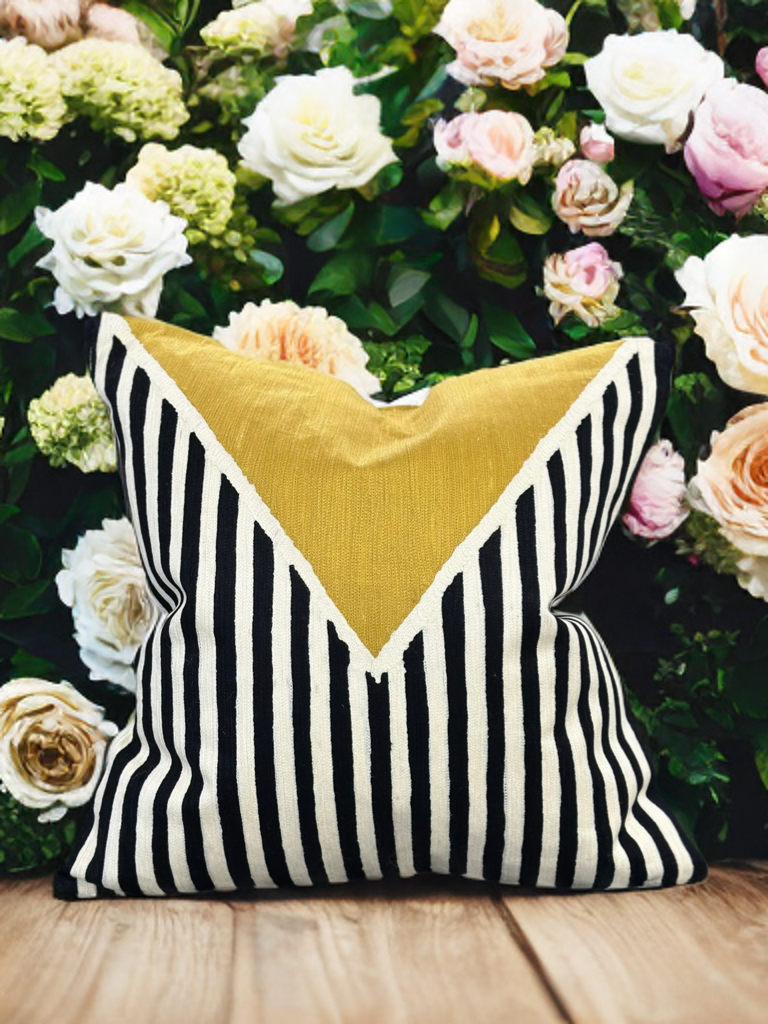 VIVA012 Polyester Fabric - White Base, Black & Ivory Geometric Embroidery, Mustard Graphic, 20" X 20" (1 Piece)