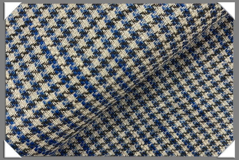 Blue Cream Houndstooth Linen Blend Fabric - Blue/Cream Houndstooth, 58/60" Width
