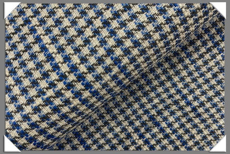 Blue Cream Houndstooth Linen Blend Fabric - Blue/Cream Houndstooth, 58/60" Width
