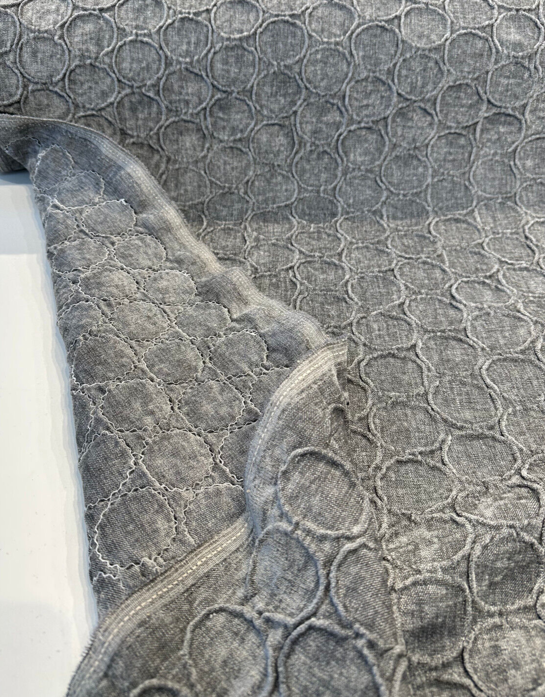 Raised Damask Circle Oslo Gray Eclipse Polyester Fabric - Gray Damask Circle Pattern, 43" Width (1 Yard)