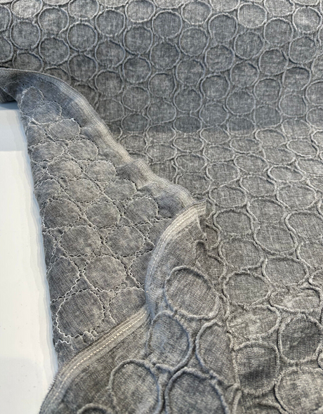 Raised Damask Circle Oslo Gray Eclipse Polyester Fabric - Gray Damask Circle Pattern, 43" Width (1 Yard)