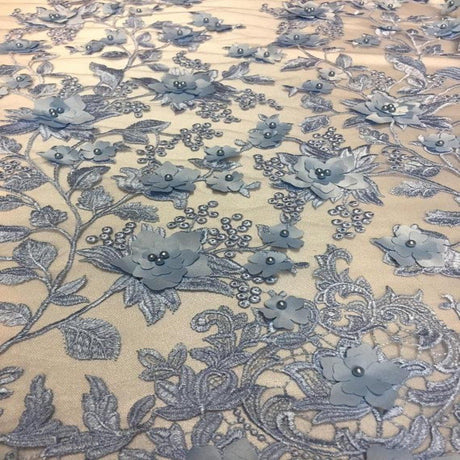 3D Embroidered Satin Floral Pearl Lace Fabric - 100 Percent Polyester Fabric, Floral Pearl Embroidery, 52" Width, 12" Panel (1 Yard)