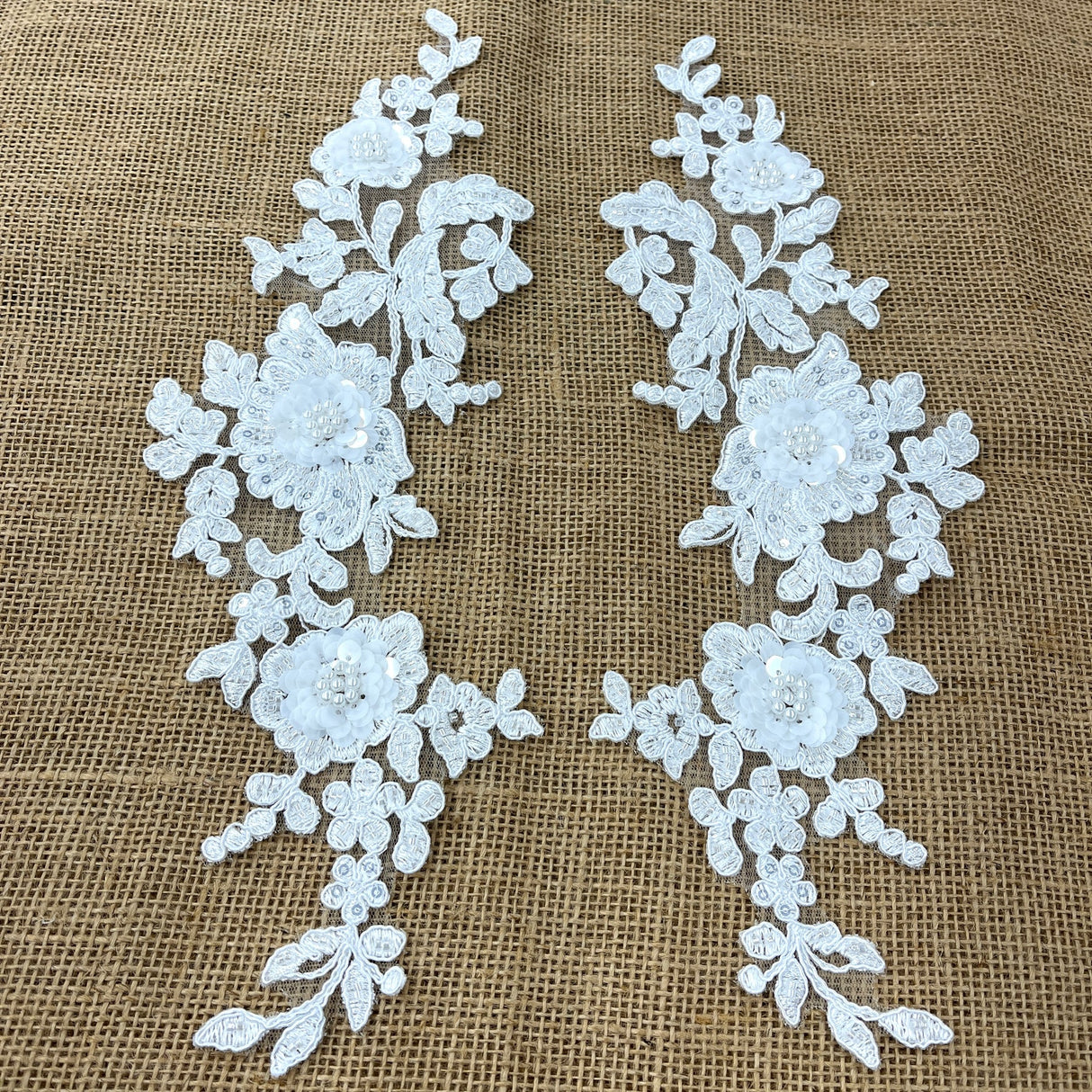 1 Pair 14" x 3" Beaded & Corded Floral 3D Lace Applique Embroidered on 100% Polyester Net Mesh