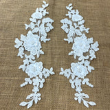 1 Pair 14" x 3" Beaded & Corded Floral 3D Lace Applique Embroidered on 100% Polyester Net Mesh
