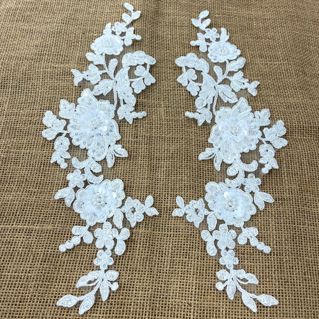 Beaded Corded Floral 3D Lace Applique Polyester Fabric - Gold, Silver, Ivory, White, 14" X 3" Wide Each Side (1 Pair)