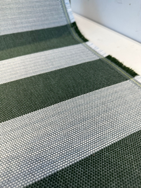Sunbrella Performance Fizzle Ivy Stripe Acrylic Fabric - Green, White, Hints Of Blue, Textured Weave, 54" Width (1 Yard)
