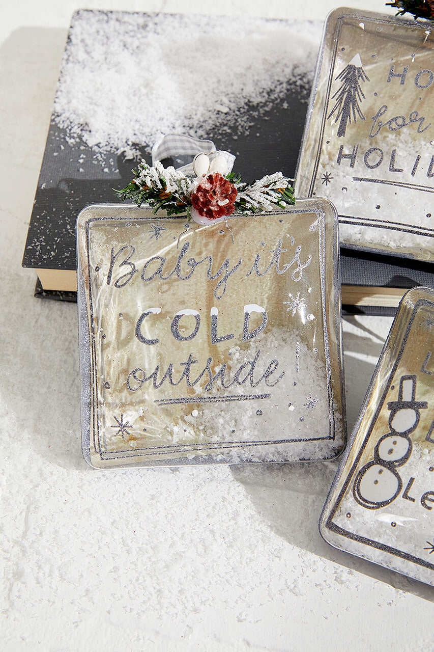 Square Text Glass Ornament 4 Inch Snow Filled Christmas Decor