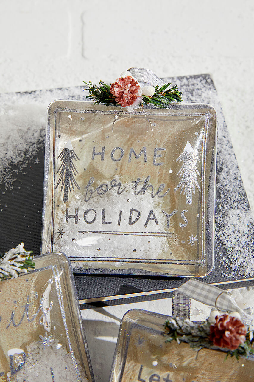 Square Text Glass Ornament 4 Inch Snow Filled Christmas Decor
