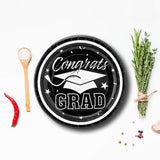 25 Count Black Congrats Grad Paper Dessert Plates Disposable Graduation Party Supplies