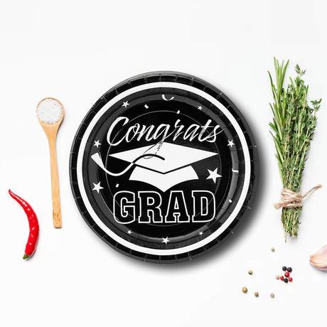 25 Count Black Congrats Grad Paper Dessert Plates Disposable Graduation Party Supplies