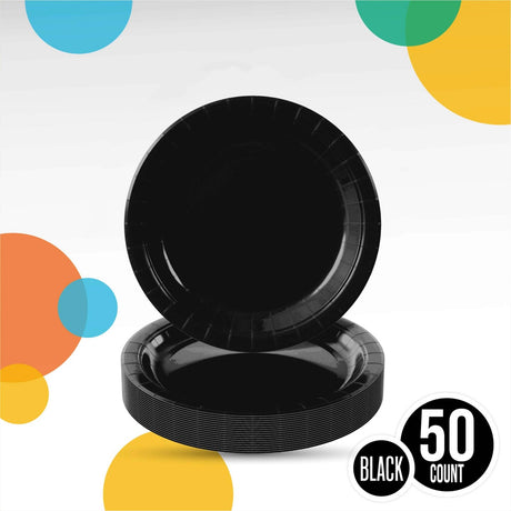 50 Count Black Paper Plates Elegant Disposable Party Supplies Round 7"
