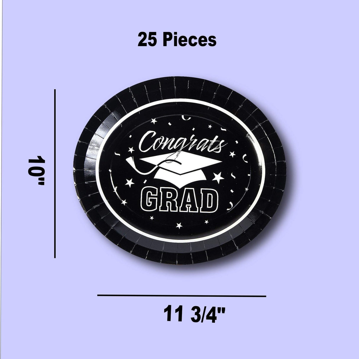 25 Count Betallic Black Congrats Graduation Party Paper Banquet Plates Disposable Dinner Plates 11 3/4" x 10"