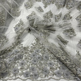 1 Yard Beaded 3D Floral Lace Fabric Embroidered on 100% Polyester Net Mesh