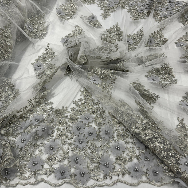1 Yard - Beaded 3D Floral Lace Fabric Embroidered on 100% Polyester Net Mesh - 52" Wide