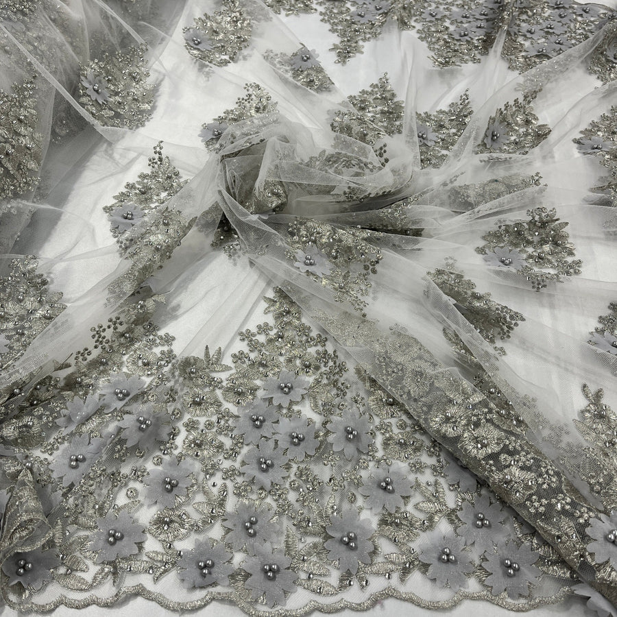 1 Yard - Beaded 3D Floral Lace Fabric Embroidered on 100% Polyester Net Mesh - 52" Wide