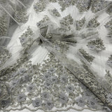 1 Yard - Beaded 3D Floral Lace Fabric Embroidered on 100% Polyester Net Mesh - 52" Wide