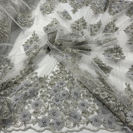 Beaded 3D Floral Lace Polyester Fabric - Off White, Gold, Silver, Lt. Blue, 52" Wide (1 Yard)