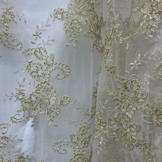 1 Yard Silver Metallic Corded Bridal Lace Fabric Embroidered on 100% Polyester Net Mesh – 52"