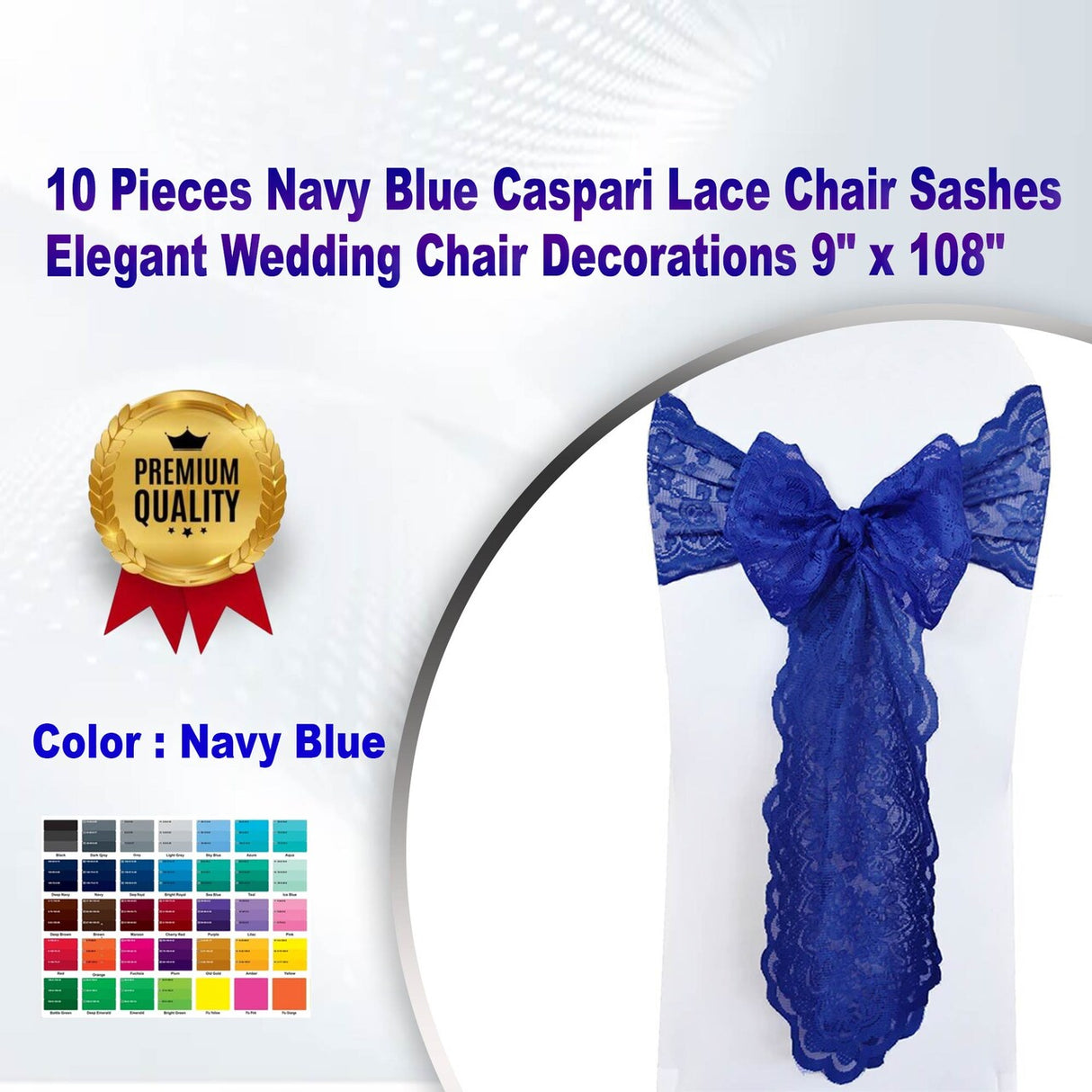 10 Pieces Navy Blue Caspari Lace Chair Sashes Elegant Wedding Chair Decorations 9" x 108"