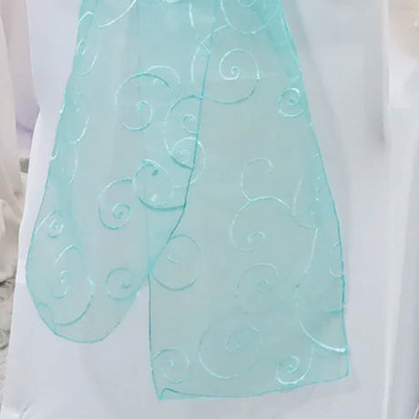 10 Pieces Pool Blue Embroidered Organza Chair Sashes 8"x108" Elegant Event Decor Accents