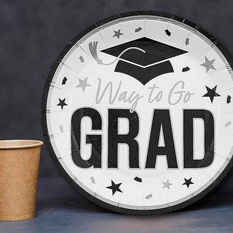 25 Count White Way to Go Grad Disposable Paper Dessert Plates Graduation Party Essentials 7 1/4 Inch