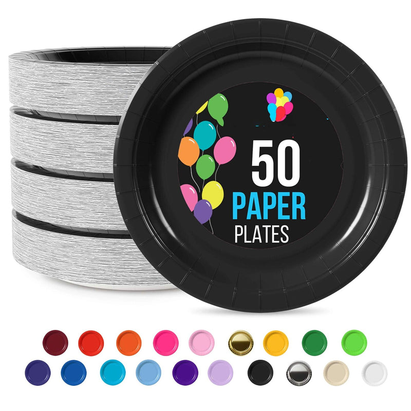 50 Count Black Paper Plates 9 Inch Elegant Disposable Dinnerware for Events and Parties