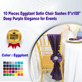 10 Pieces Eggplant Satin Chair Sashes 8"x108" Deep Purple Elegance for Events