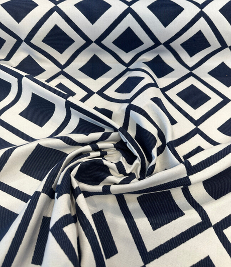 Sunbrella Savvy Indigo Acrylic Fabric - Blue/White Geometric Pattern, 54" Width (1 Yard)