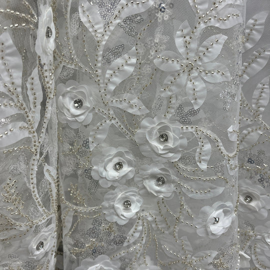 1 Yard Beaded 3D Floral Lace Fabric Embroidered 100 Percent Polyester Net Mesh 52 inch Width