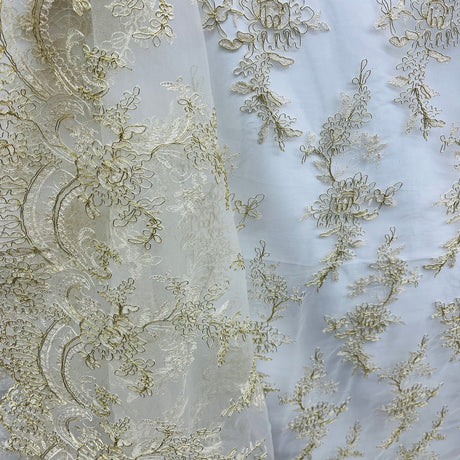 1 Yard Elegant Corded Bridal Lace Fabric on 100% Polyester Net Mesh, Embroidered Floral Design