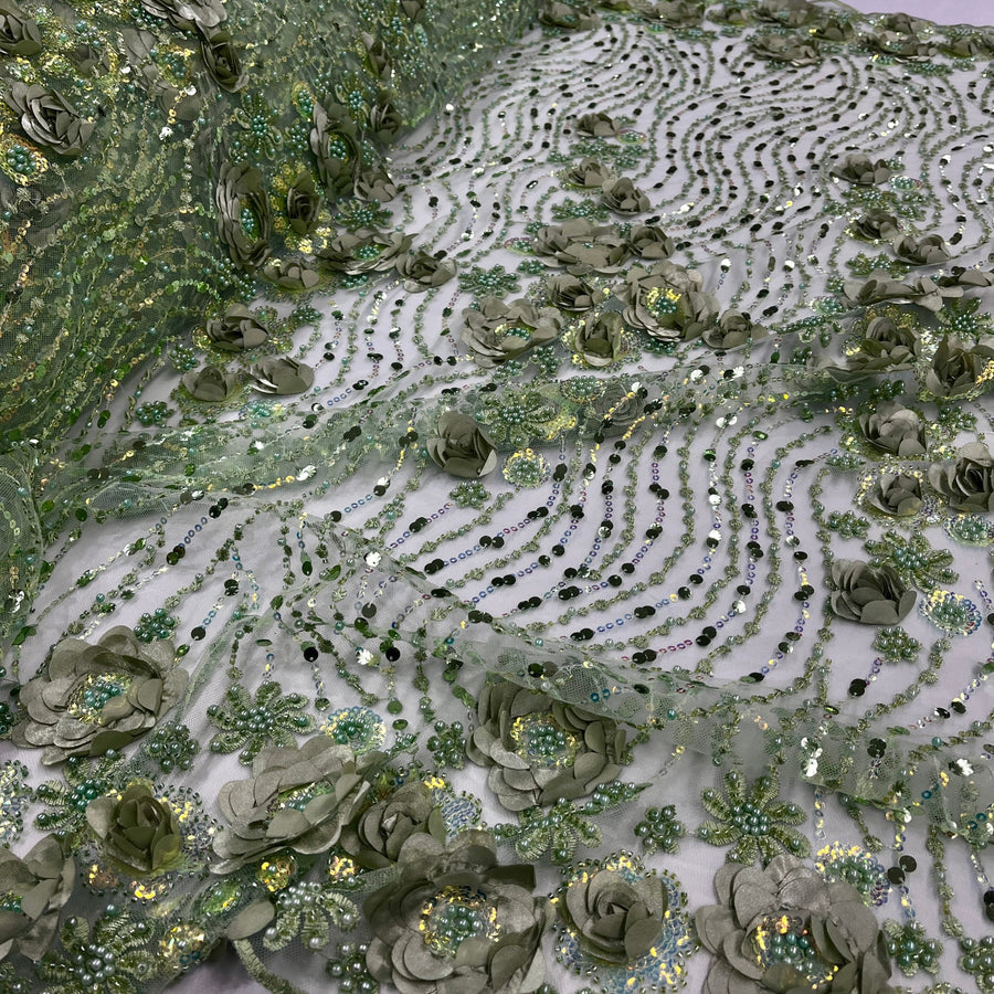 1 Yard Beaded and Sequined 3D Floral Sparkling Lace Fabric White