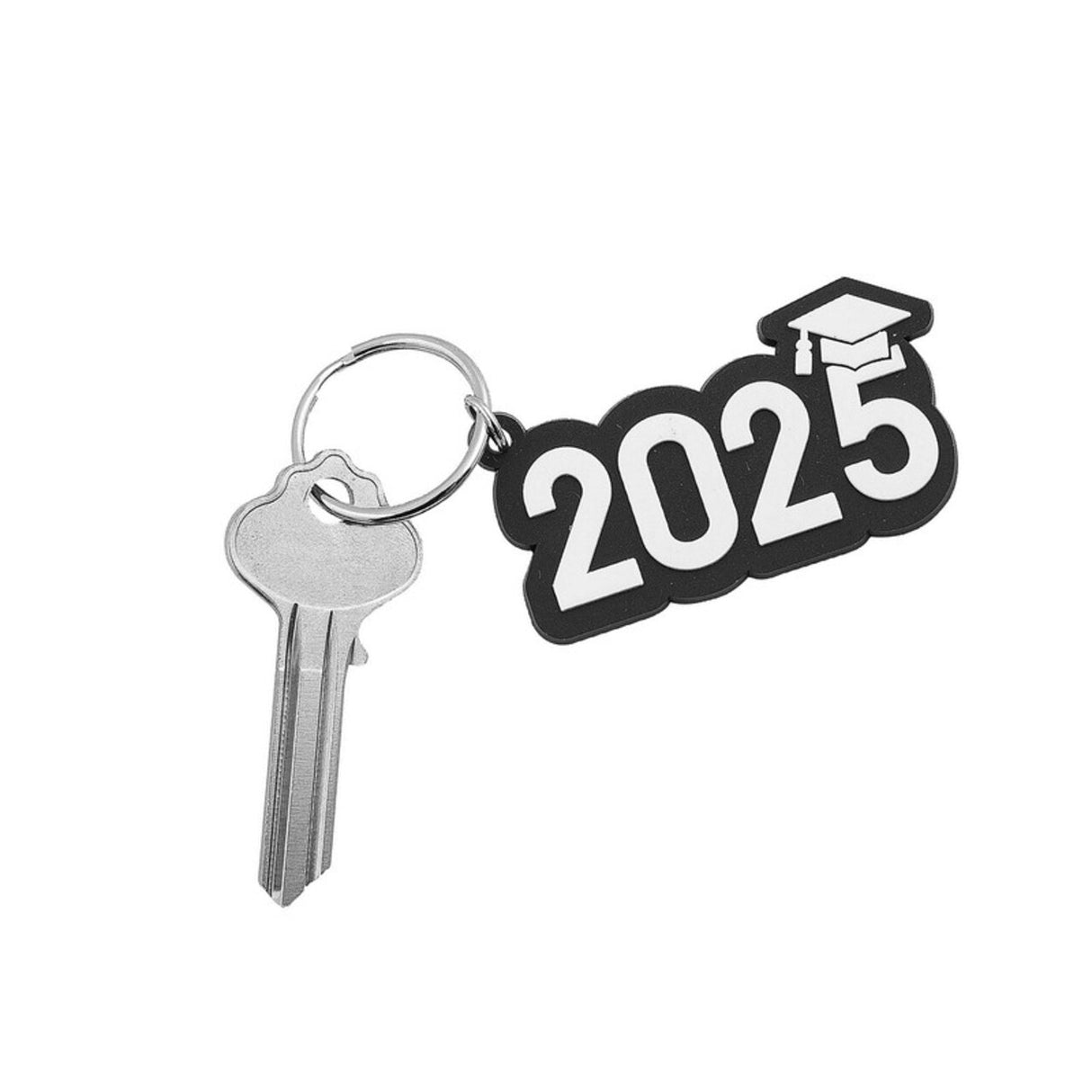 2 1/4" 2025 Graduation Black & White Rubber Keychains 12 Pc.