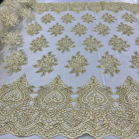 1 Yard Corded Lace Fabric Embroidered on 100% Polyester Net Mesh | Lace USA - GD-021 - Gold - 52" Wide