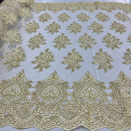 Embroidered Lace Fabric on Polyester Net Mesh