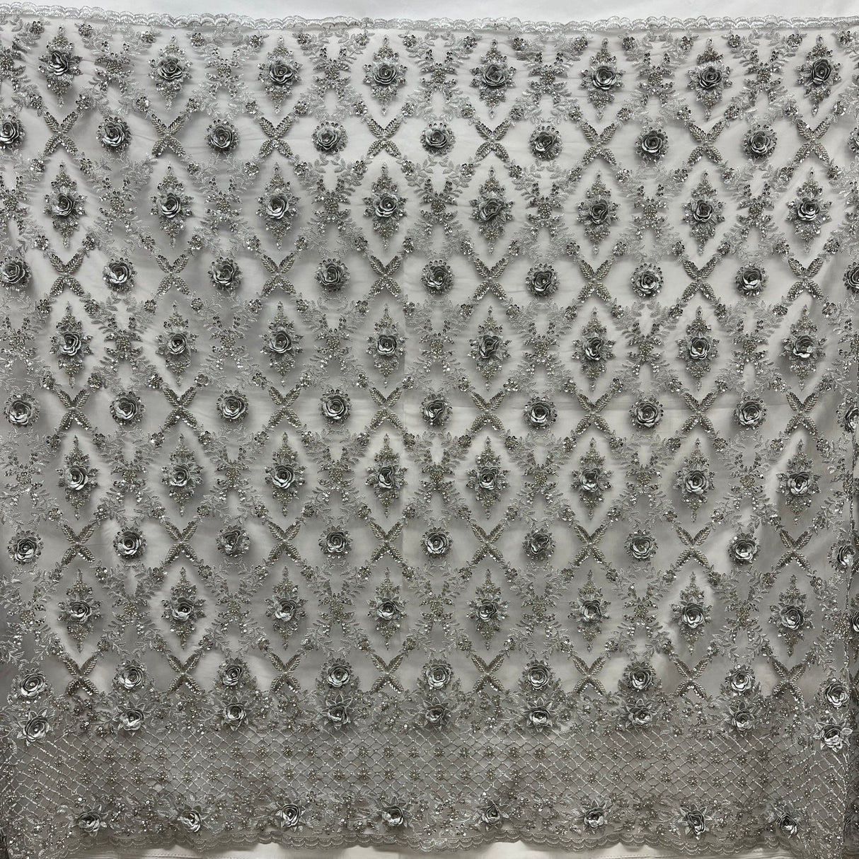 1 Yard Beaded 3D Floral Lace Fabric, Navy Embroidered Mesh, Polyester, 51” Wide,