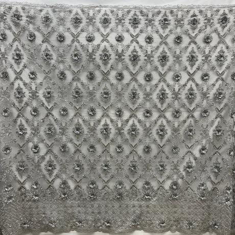 1 Yard Beaded 3D Floral Lace Fabric, Navy Embroidered Mesh, Polyester, 51” Wide,