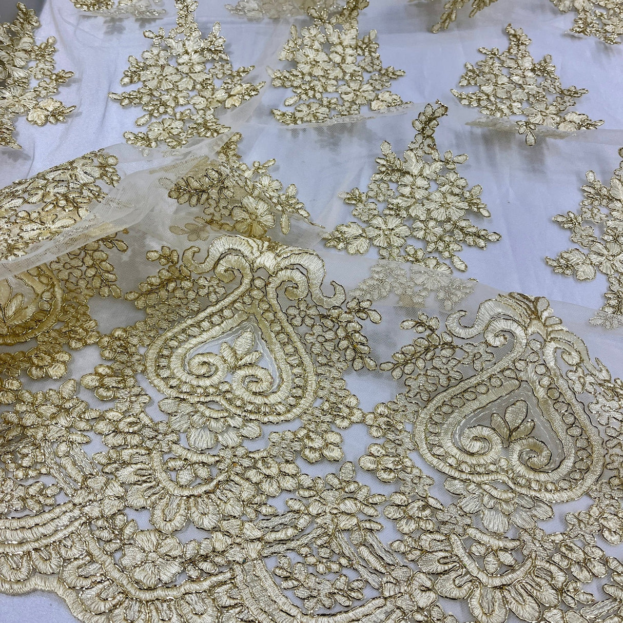 1 Yard Corded Lace Fabric Embroidered on 100% Polyester Net Mesh | Lace USA - GD-021 - Gold - 52" Wide