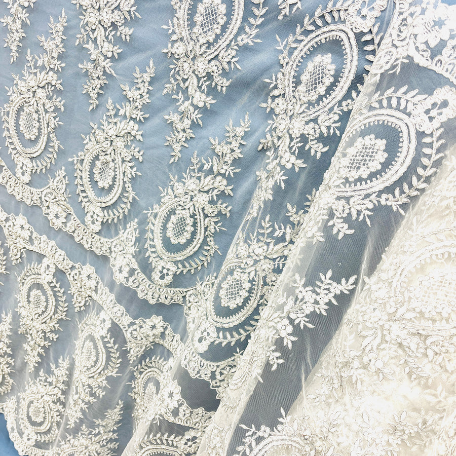 1 Yard Beaded & Corded Lace Fabric Embroidered on 100% Polyester Net Mesh Ivory with Silver