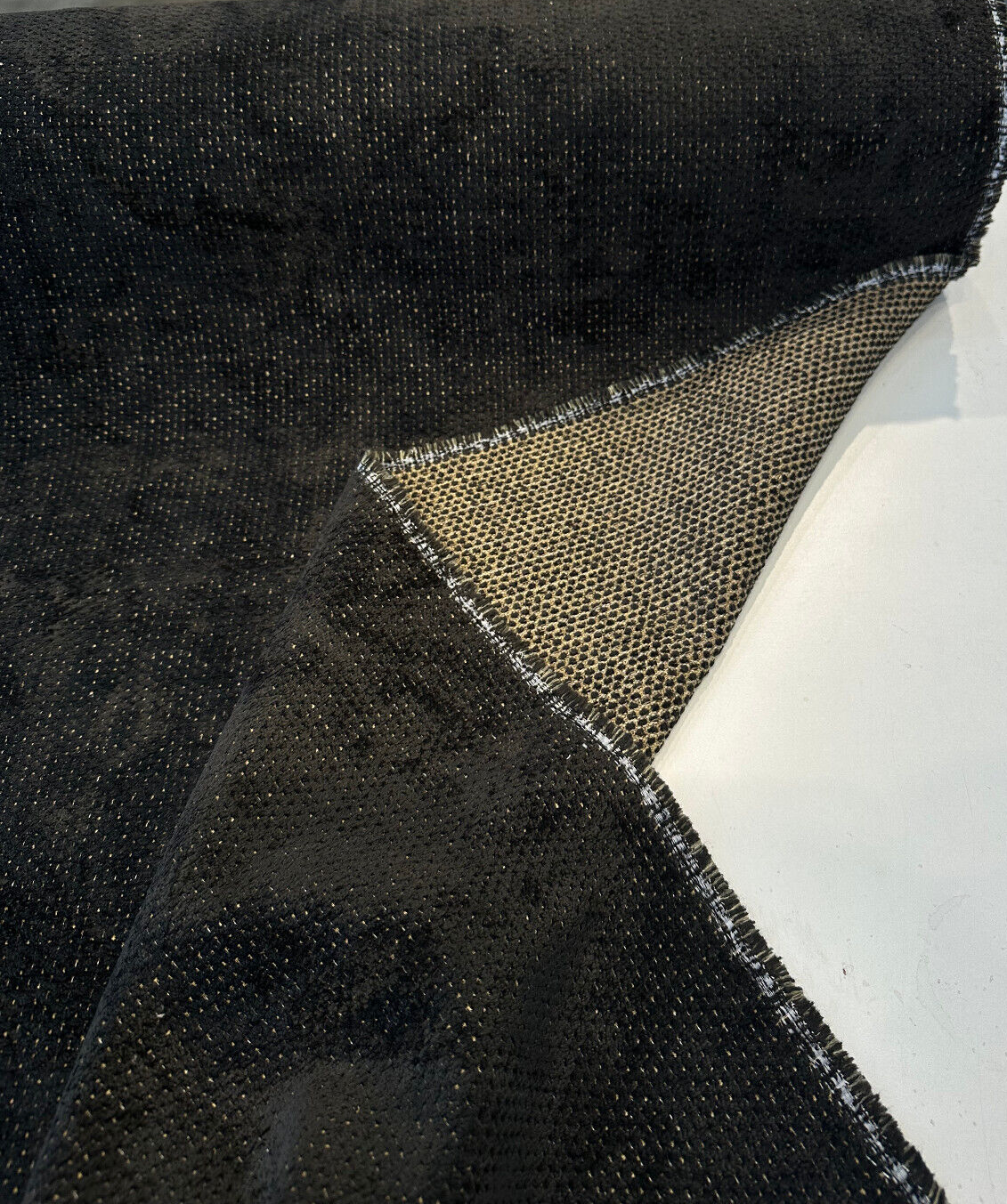 Dobby Ebony Reversible Chenille Upholstery Fabric - Black Gold Dobby, 56" Width (1 Yard)