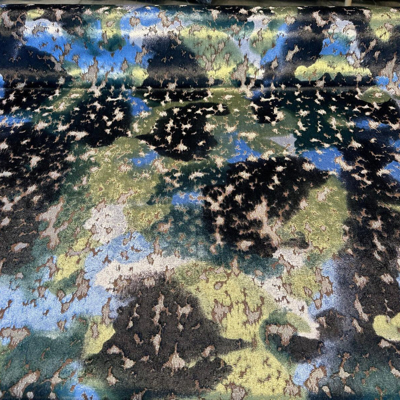 Martini Lapis Velvet Upholstery Fabric - Lapis Blue, Green, And Black Crackled Look, Heavyweight, Large Repeat, 17" Vertical Repeat (1 Yard)