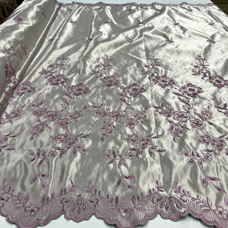 Beaded Bridal Lace Fabric - 100 Percent Polyester Satin, Floral Embroidery, 54" Width (1 Yard)