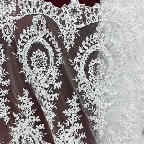 1 Yard Corded Bridal Lace Fabric Embroidered on 100% Polyester Net