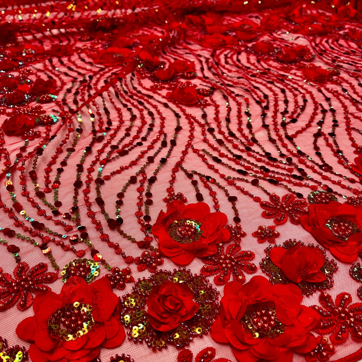 1 Yard Elegant 3D Floral Beaded Sequin Lace Fabric on Soft Mesh, GD-2212