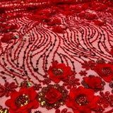 1 Yard Elegant 3D Floral Beaded Sequin Lace Fabric on Soft Mesh, GD-2212