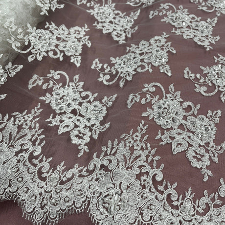 Beaded Lace Fabric Embroidered On 100 Percent Polyester Net Mesh - Ivory With Silver, 54" Wide (1 Yard)