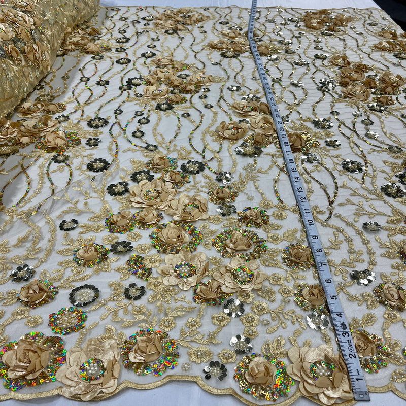 1 Yard Sparkling Beaded and Sequined 3D Floral Lace Fabric Embroidered on 100% Polyester Net Mesh White